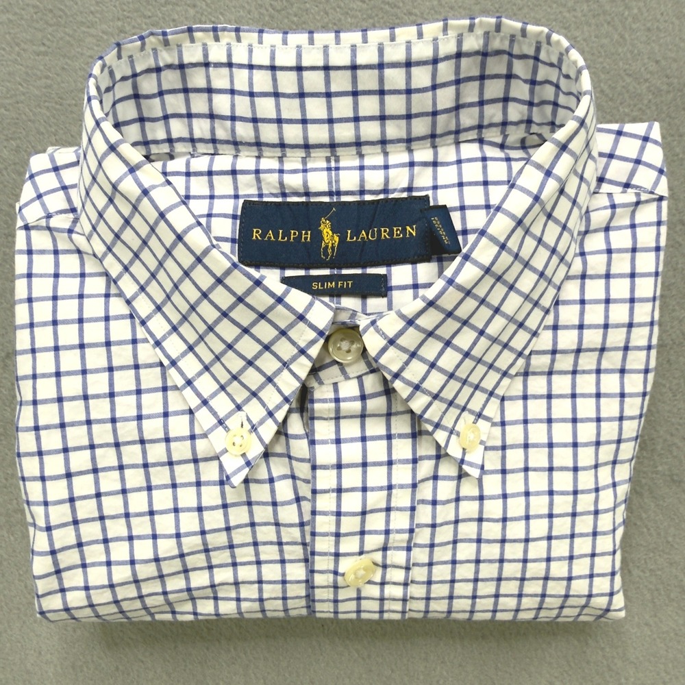Ralph Lauren Slim Fit Medium Blue White Check Button Down Shirt